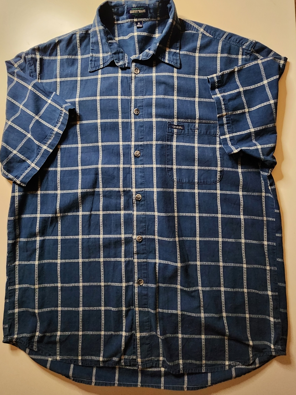 GUESS Men’s Navy Windowpane Button-Up Shirt - Picture 3 of 5